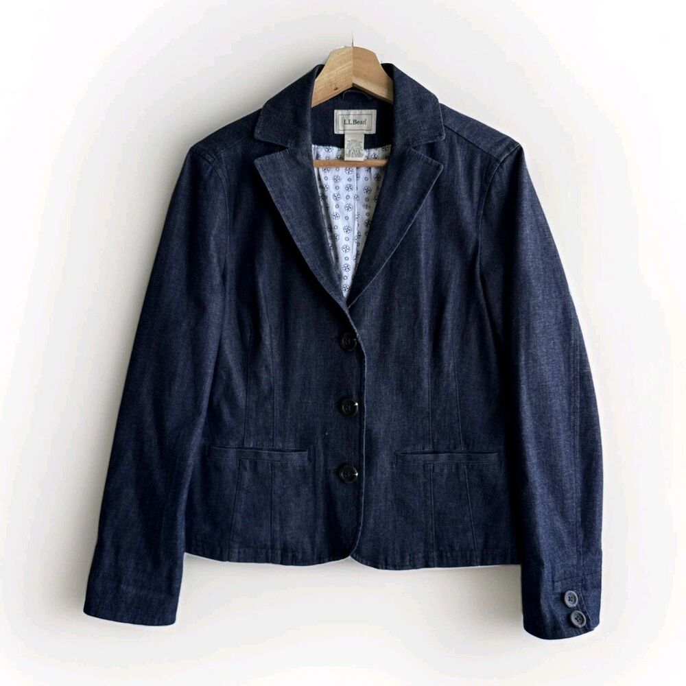 L.L. Bean Denim Blazer Women's Size 8 Reg Blue Floral Lined Casual Jacket 0KCU6